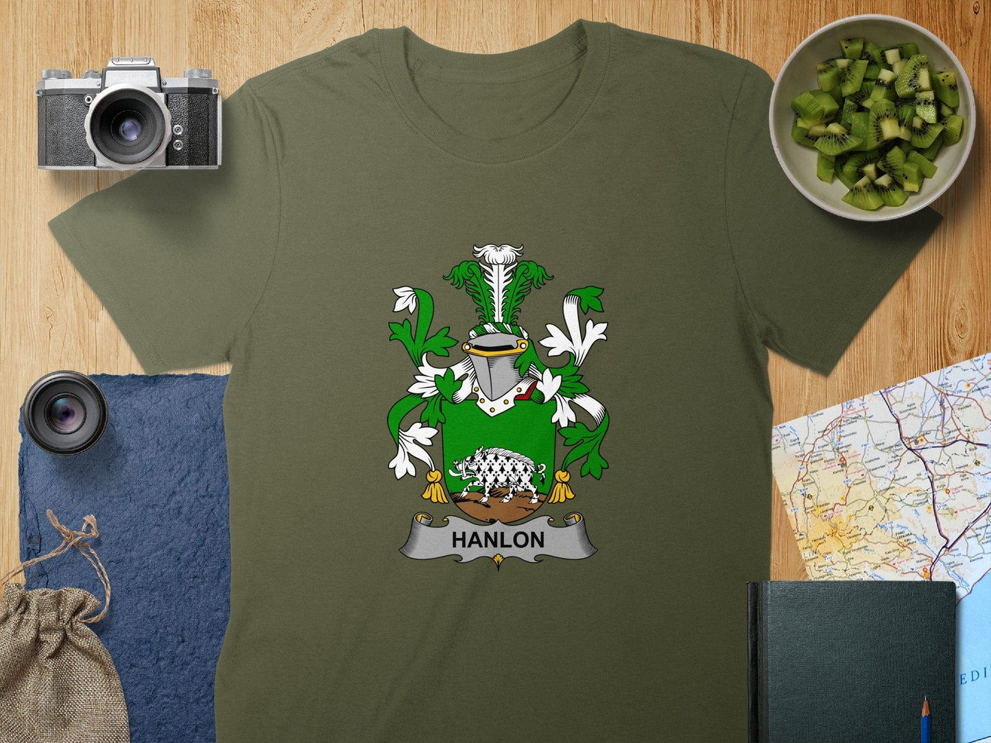 Physical Item S / Military Green Hanlon Surname Irish Heraldry Unisex T-Shirt