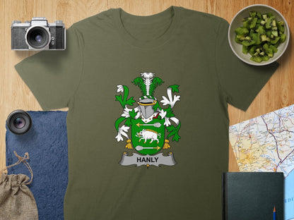 Physical Item S / Military Green Hanly Surname Irish Heraldry Unisex T-Shirt