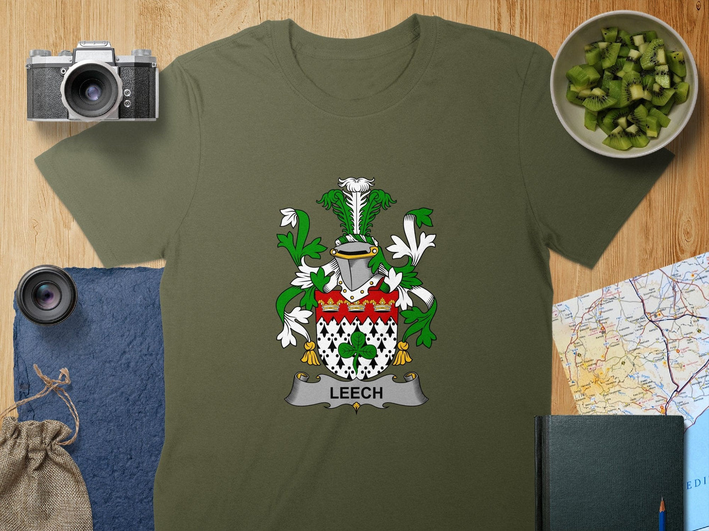 Physical Item S / Military Green Leech Surname Irish Heraldry Unisex T-Shirt