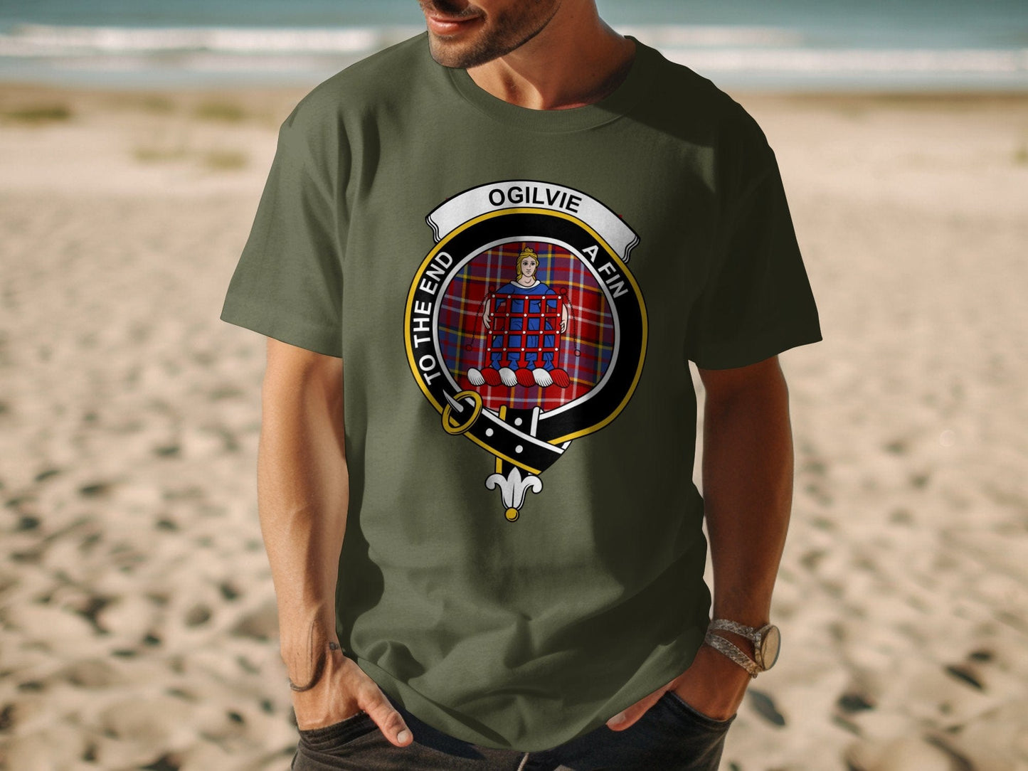 Physical Item S / Military Green Ogilvie Scottish Clan Crest Tartan Unisex T-shirt