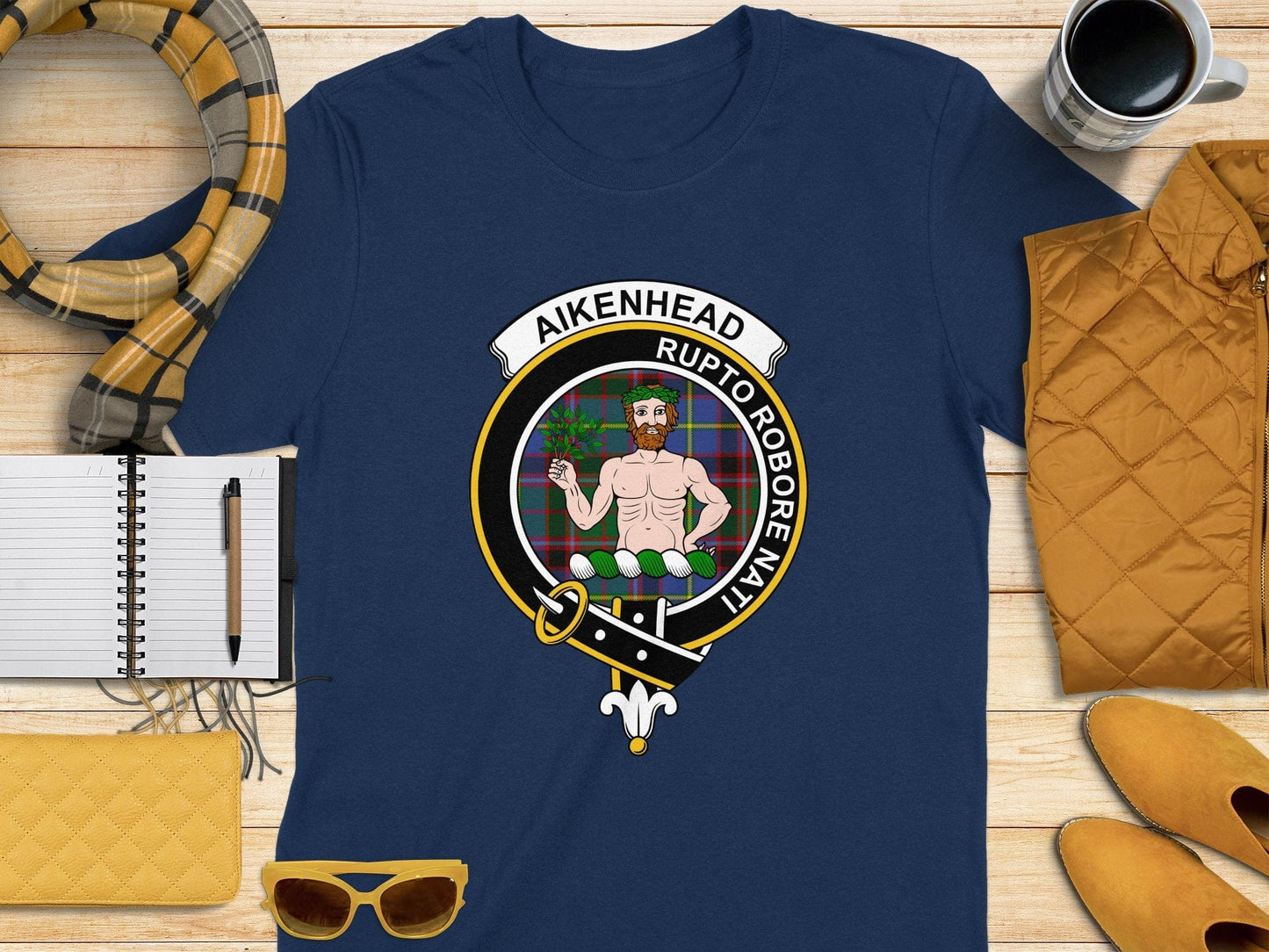 Physical Item S / Navy Aikenhead Clan Scottish Tartan Crest T-Shirt