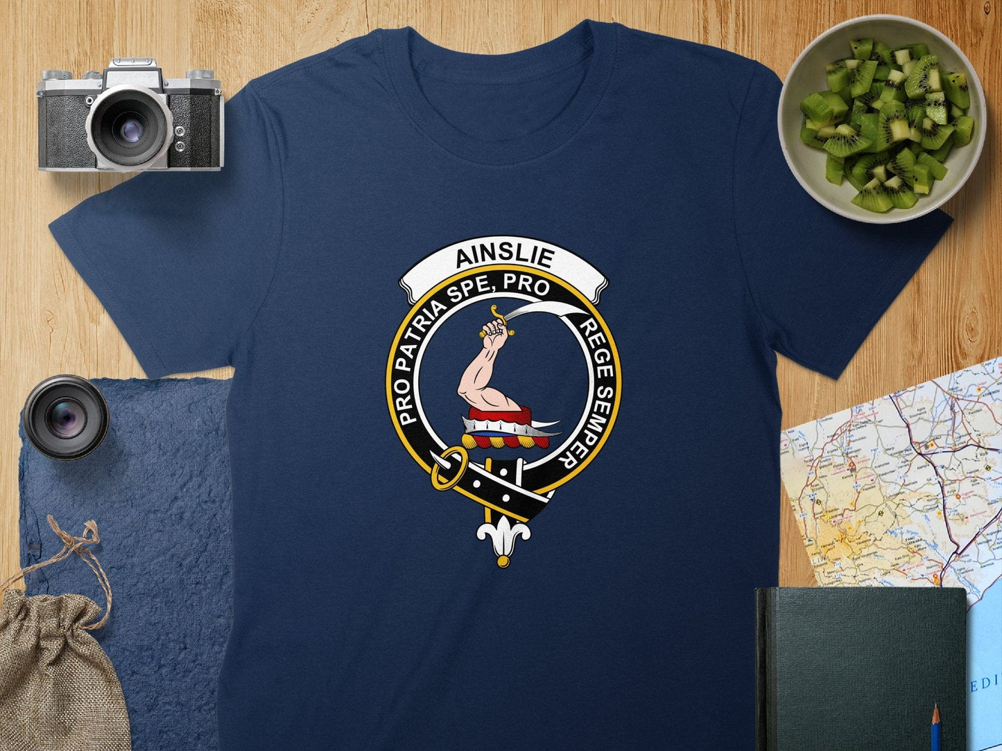 Physical Item S / Navy Ainslie Clan Crest Scottish Unisex T-Shirt