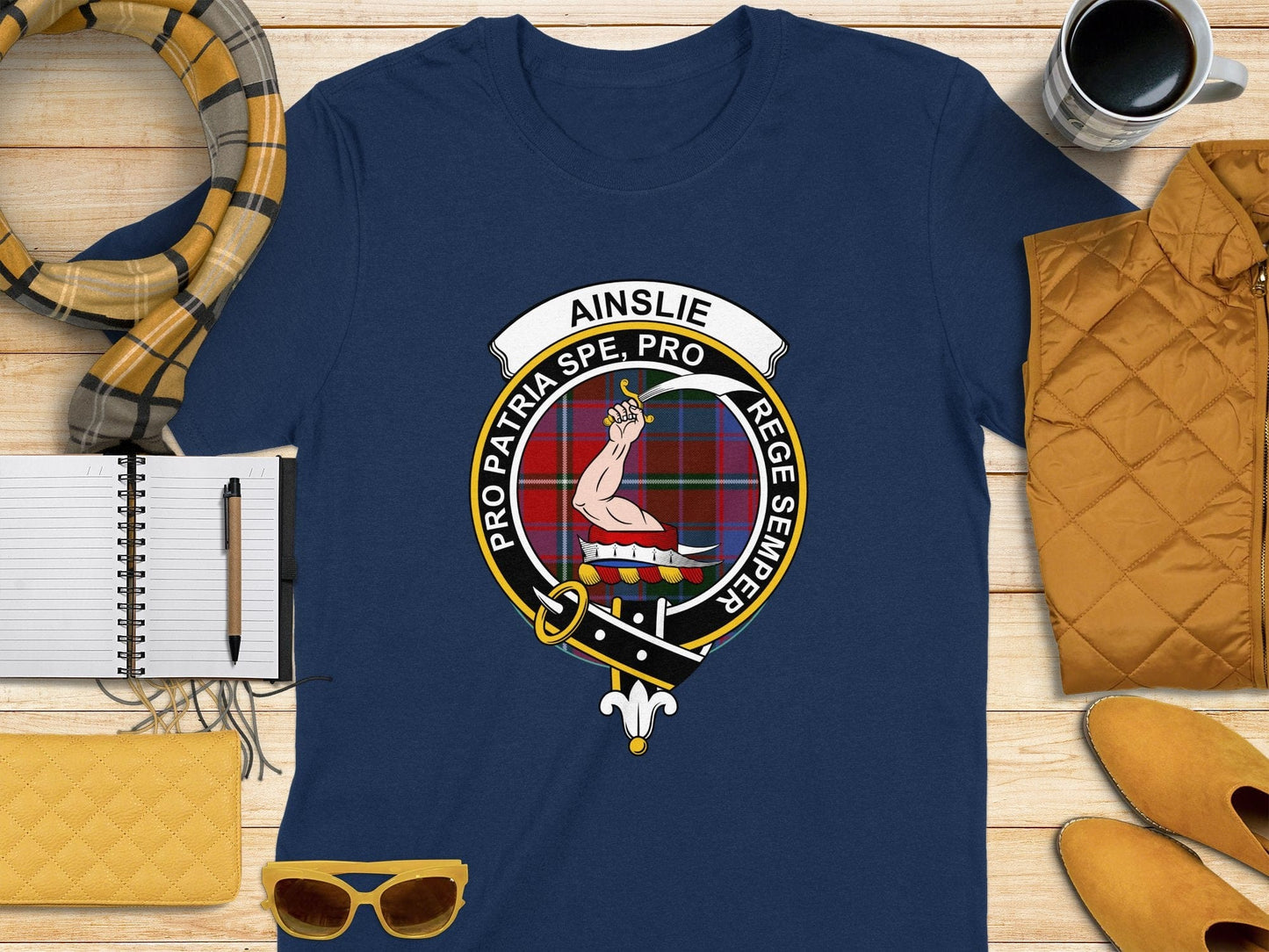 Physical Item S / Navy Ainslie Clan Scottish Tartan Crest T-Shirt