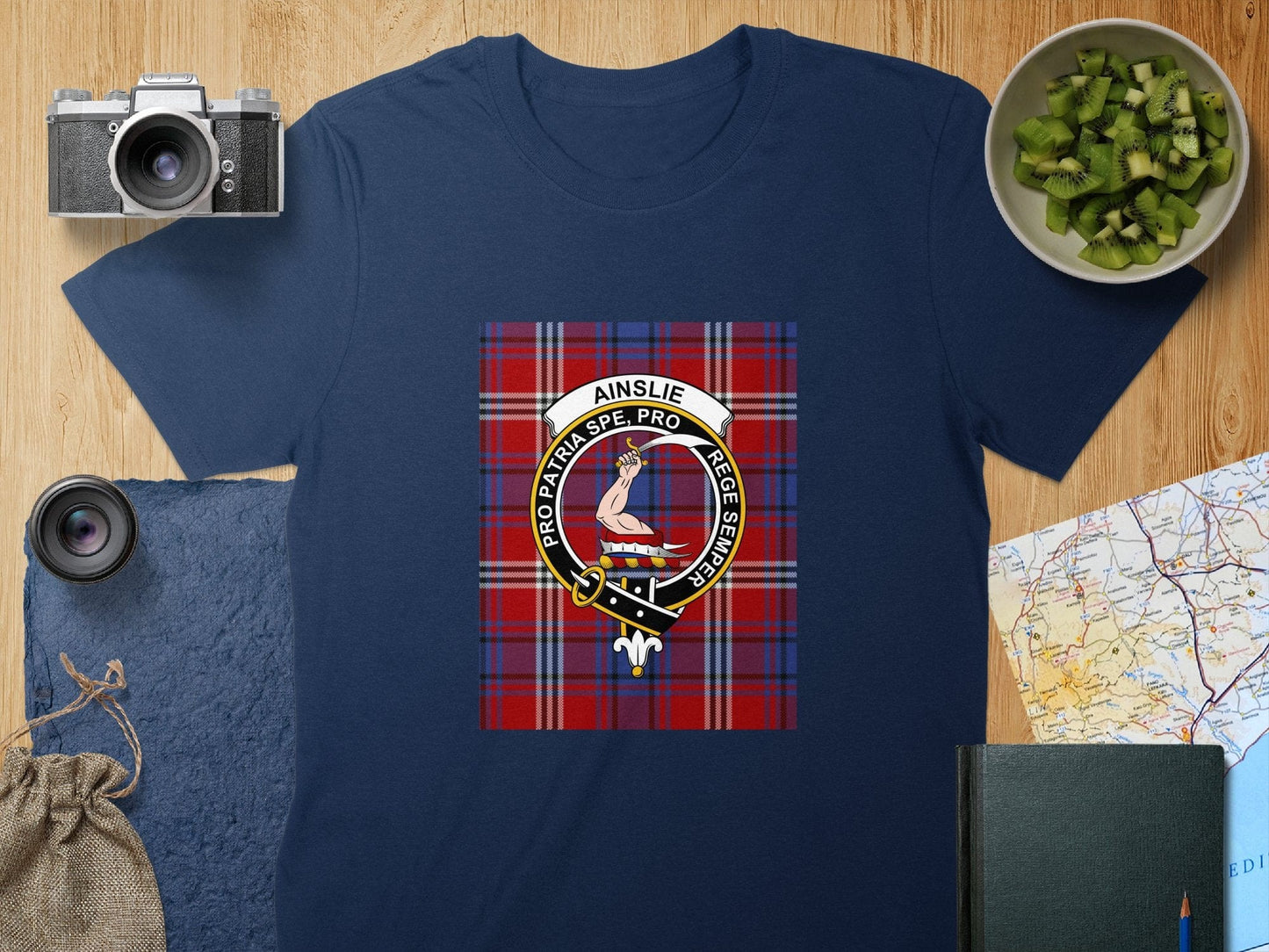 Physical Item S / Navy Ainslie Clan Scottish Tartan Crest Unisex T-Shirt