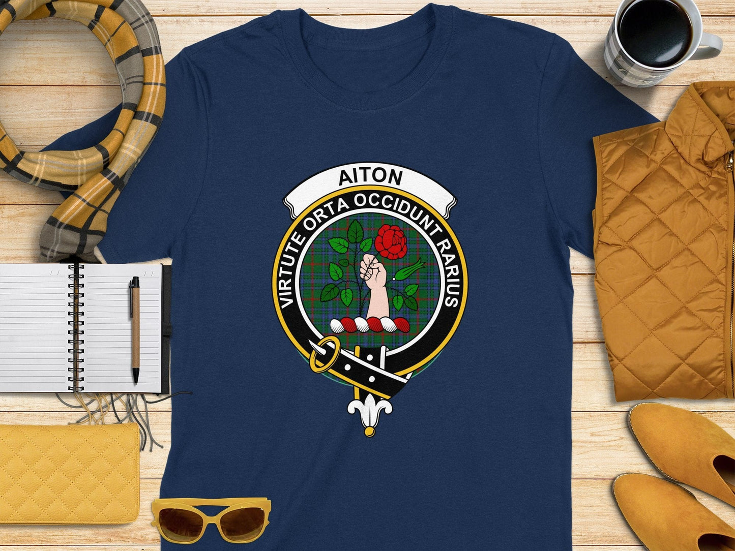 Physical Item S / Navy Aiton Clan Scottish Tartan Crest T-Shirt