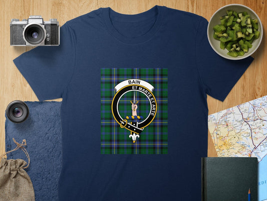 Physical Item S / Navy Bain Clan Scottish Tartan Crest Unisex T-Shirt