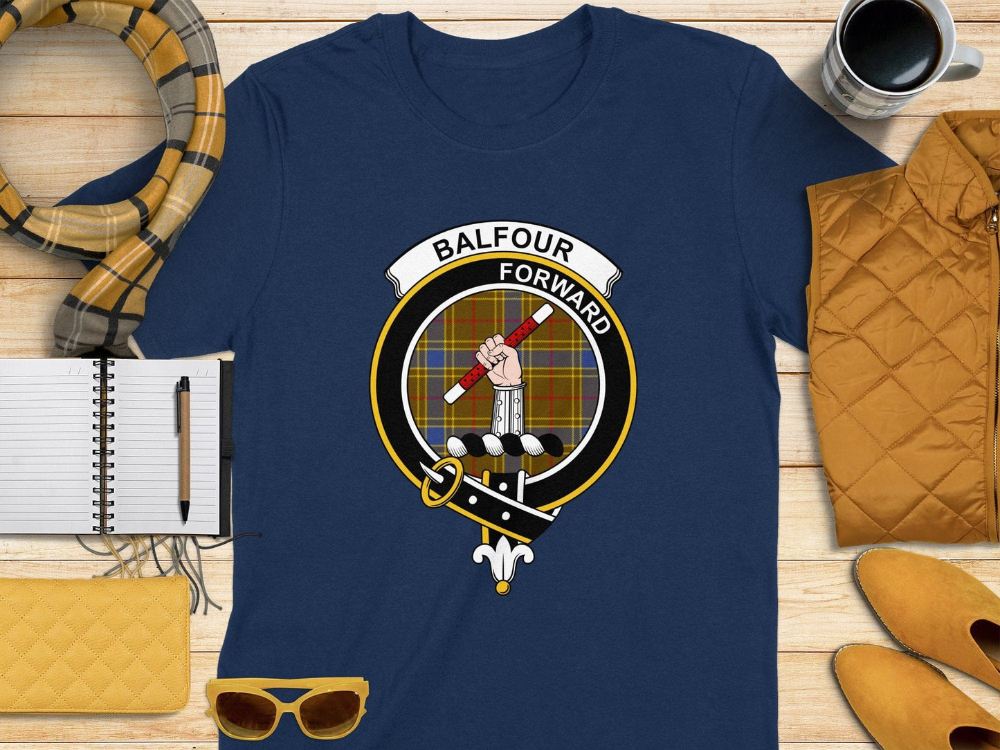 Physical Item S / Navy Balfour Clan Scottish Tartan Crest T-Shirt