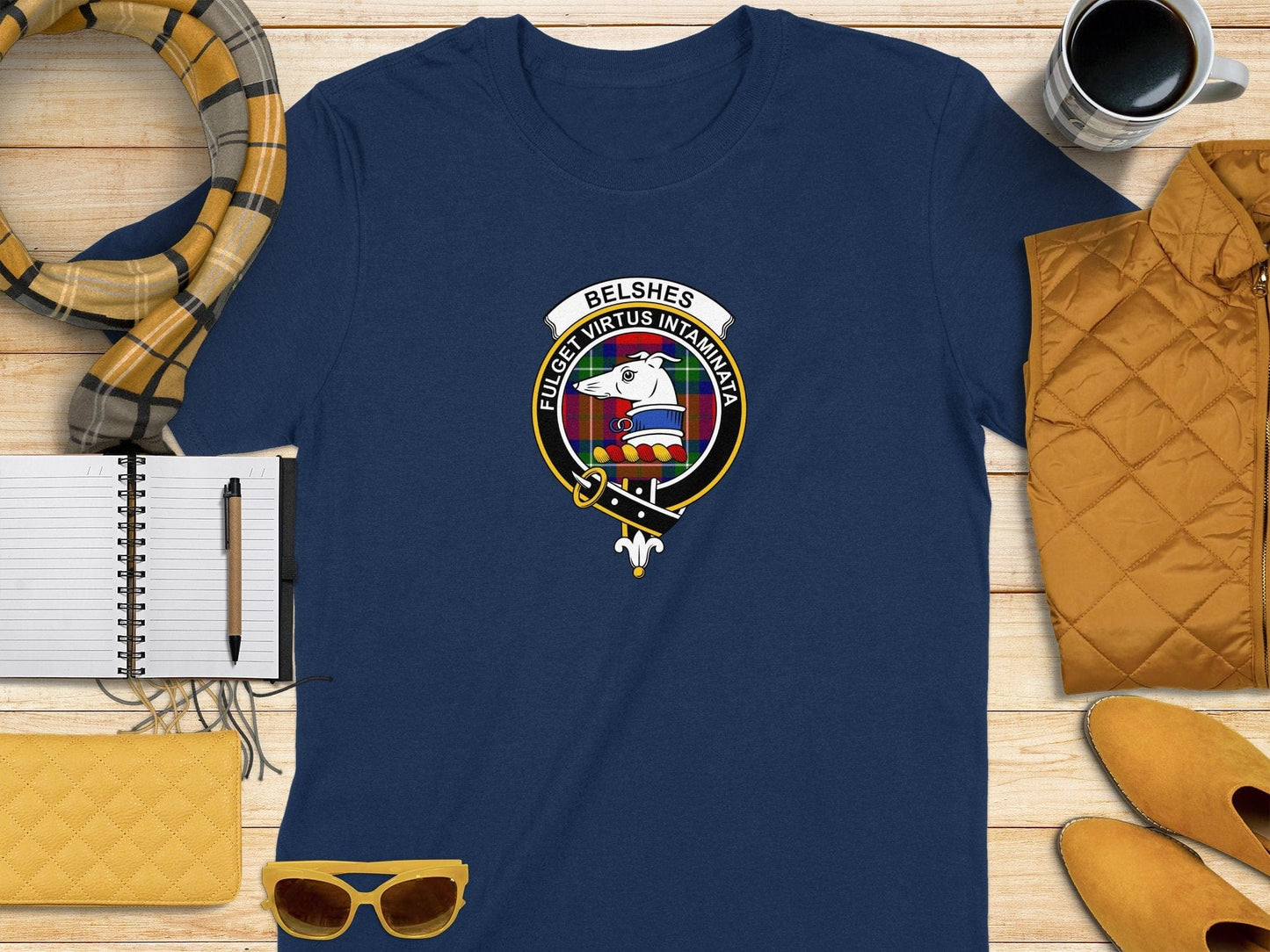 Physical Item S / Navy Belshes Clan Scottish Tartan Crest T-Shirt