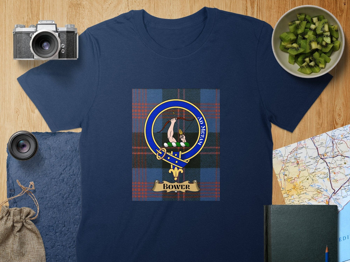 Physical Item S / Navy Bower Clan Scottish Tartan Crest Unisex T-Shirt