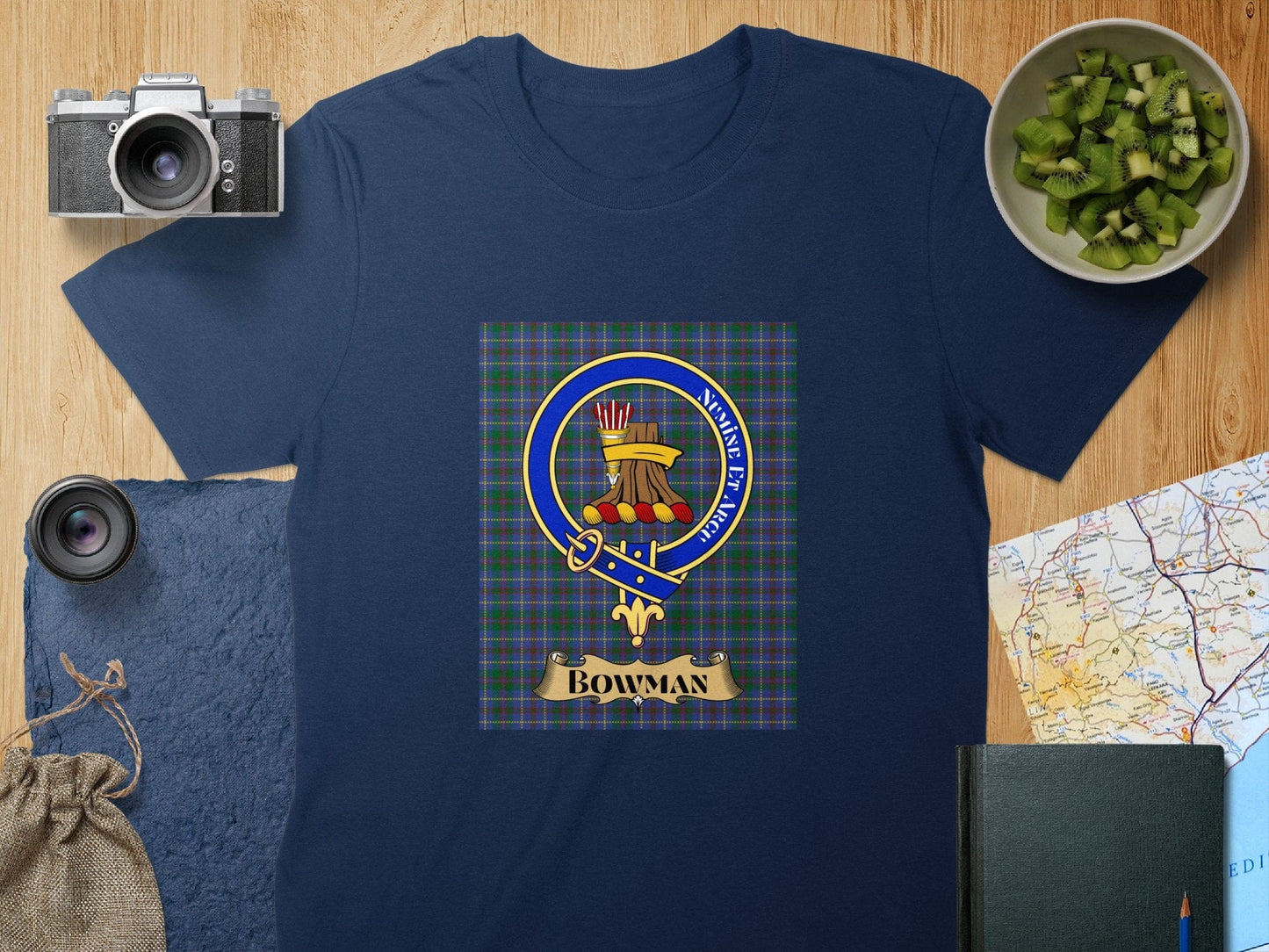 Physical Item S / Navy Bowman Clan Scottish Tartan Crest Unisex T-Shirt