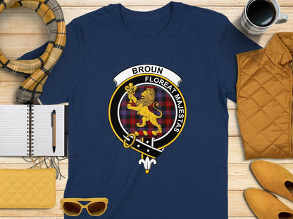 Physical Item S / Navy Broun Clan Scottish Tartan Crest T-Shirt