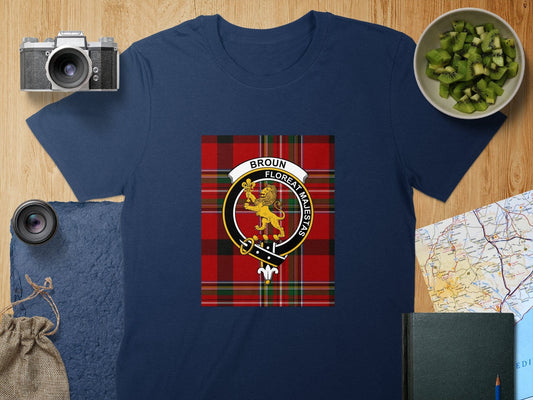 Physical Item S / Navy Broun Clan Scottish Tartan Crest Unisex T-Shirt