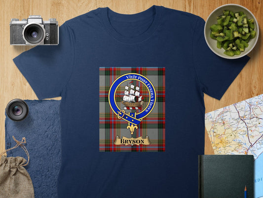 Physical Item S / Navy Bryson Clan Scottish Tartan Crest Unisex T-Shirt