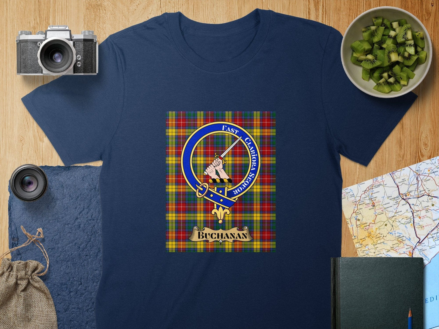 Physical Item S / Navy Buchanan Clan Scottish Tartan Crest Unisex T-Shirt