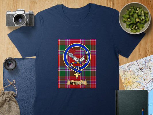 Physical Item S / Navy Burrell Clan Scottish Tartan Crest Unisex T-Shirt