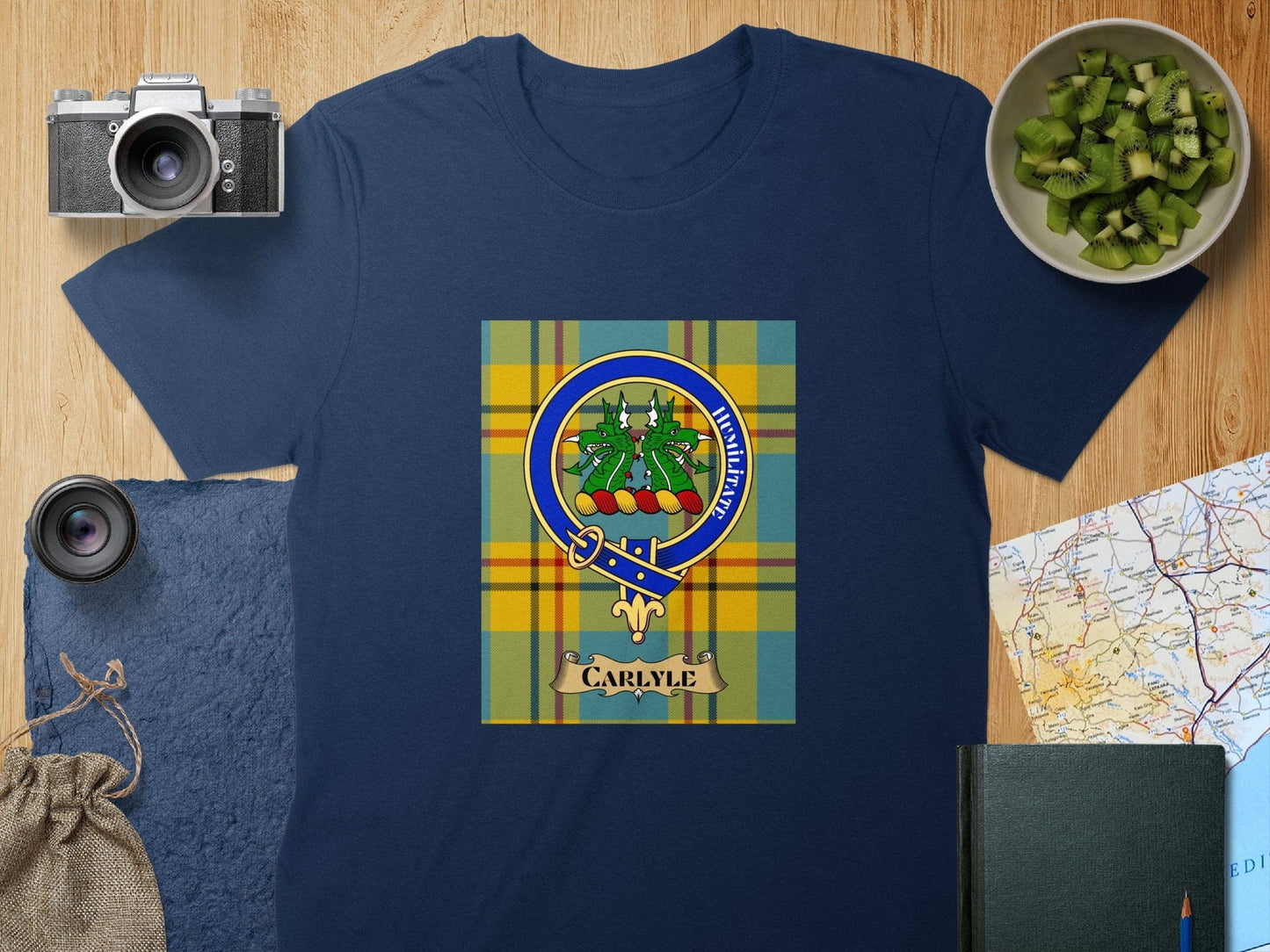 Physical Item S / Navy Carlyle Clan Scottish Tartan Crest Unisex T-Shirt