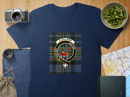 Physical Item S / Navy Clelland Clan Scottish Tartan Crest Unisex T-Shirt