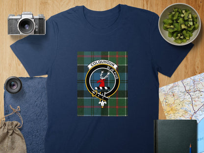 Physical Item S / Navy Colquhoun Clan Scottish Tartan Crest Unisex T-Shirt