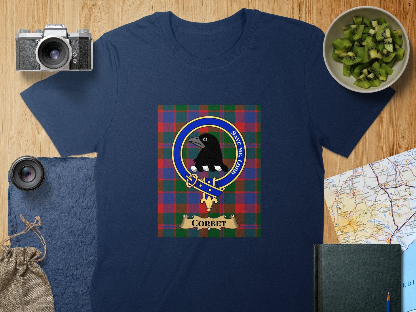 Physical Item S / Navy Corbet Clan Scottish Tartan Crest Unisex T-Shirt