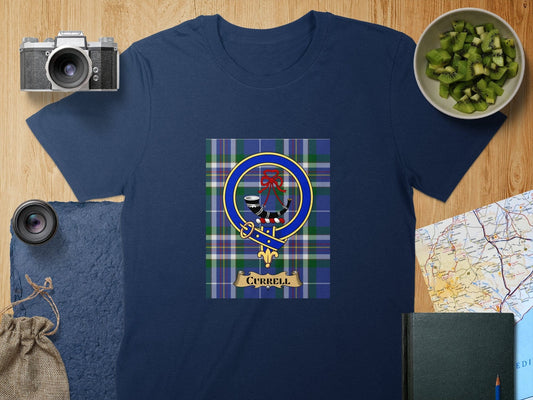 Physical Item S / Navy Currell Clan Scottish Tartan Crest Unisex T-Shirt