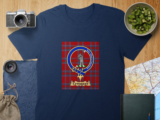 Physical Item S / Navy Cuthbert Clan Scottish Tartan Crest Unisex T-Shirt