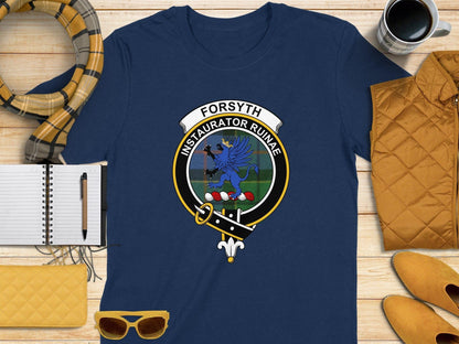 Physical Item S / Navy Forsyth Clan Scottish Tartan Crest T-Shirt