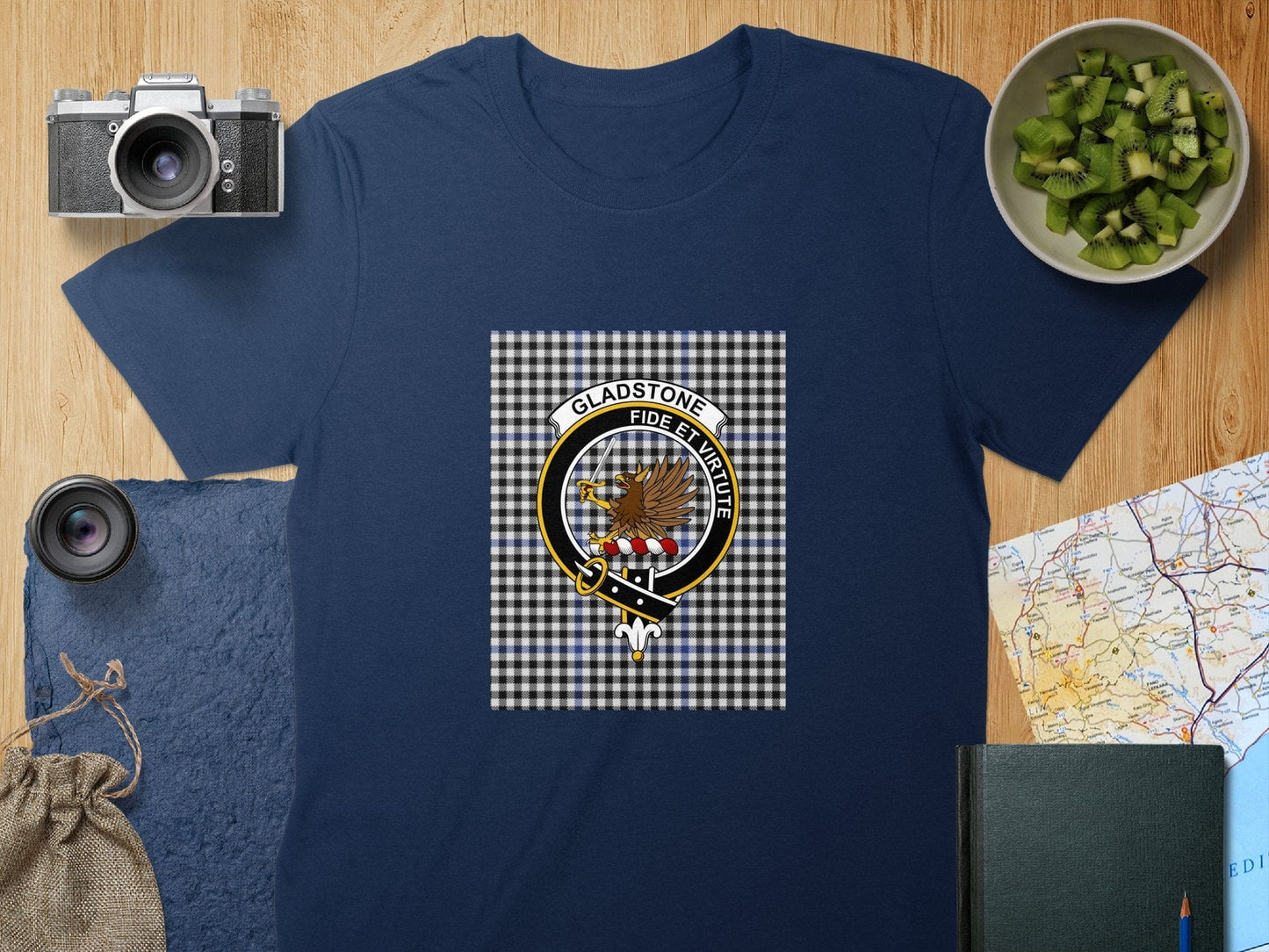 Physical Item S / Navy Gladstone Clan Scottish Tartan Crest Unisex T-Shirt