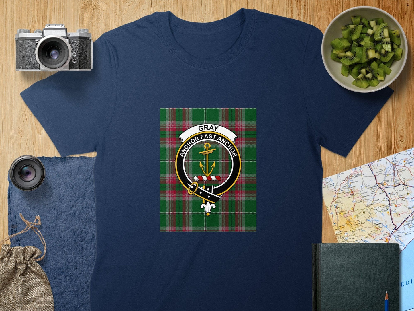 Physical Item S / Navy Gray Clan Anchor Scottish Tartan Crest T-Shirt