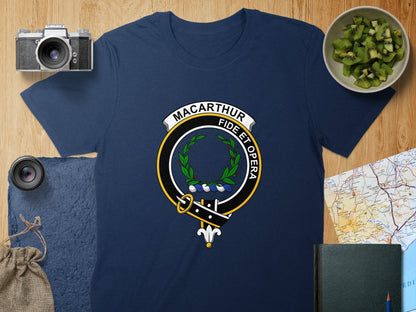 Physical Item S / Navy MacArthur Clan Crest Fide Et Opera Scottish T-Shirt