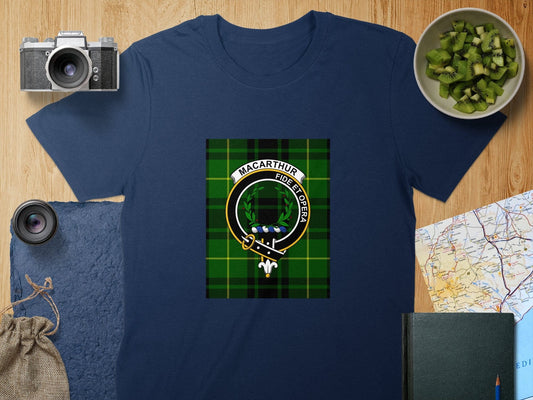 Physical Item S / Navy Macarthur Clan Scottish Tartan Crest Unisex T-Shirt