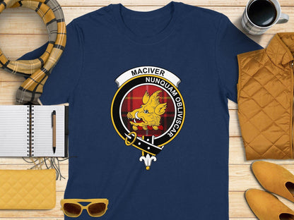 Physical Item S / Navy Maciver Clan Scottish Tartan Crest T-Shirt