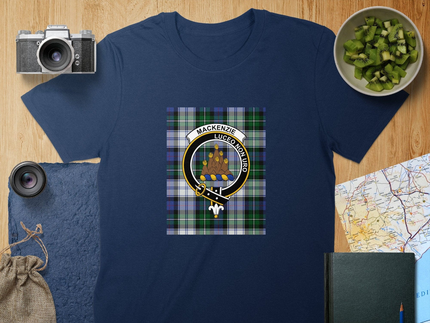 Physical Item S / Navy Mackenzie Clan Scottish Tartan Crest T-Shirt