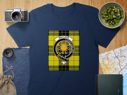 Physical Item S / Navy Macleod Clan Scottish Tartan Crest Unisex T-Shirt