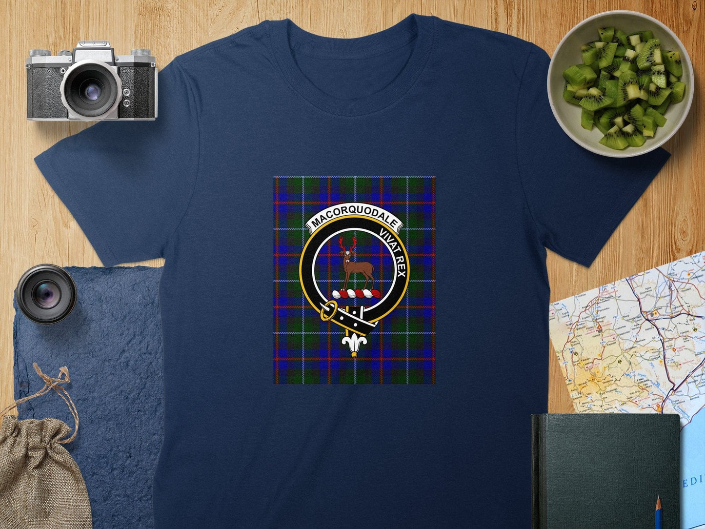 Physical Item S / Navy Macorquodale Clan Scottish Tartan Crest T-Shirt