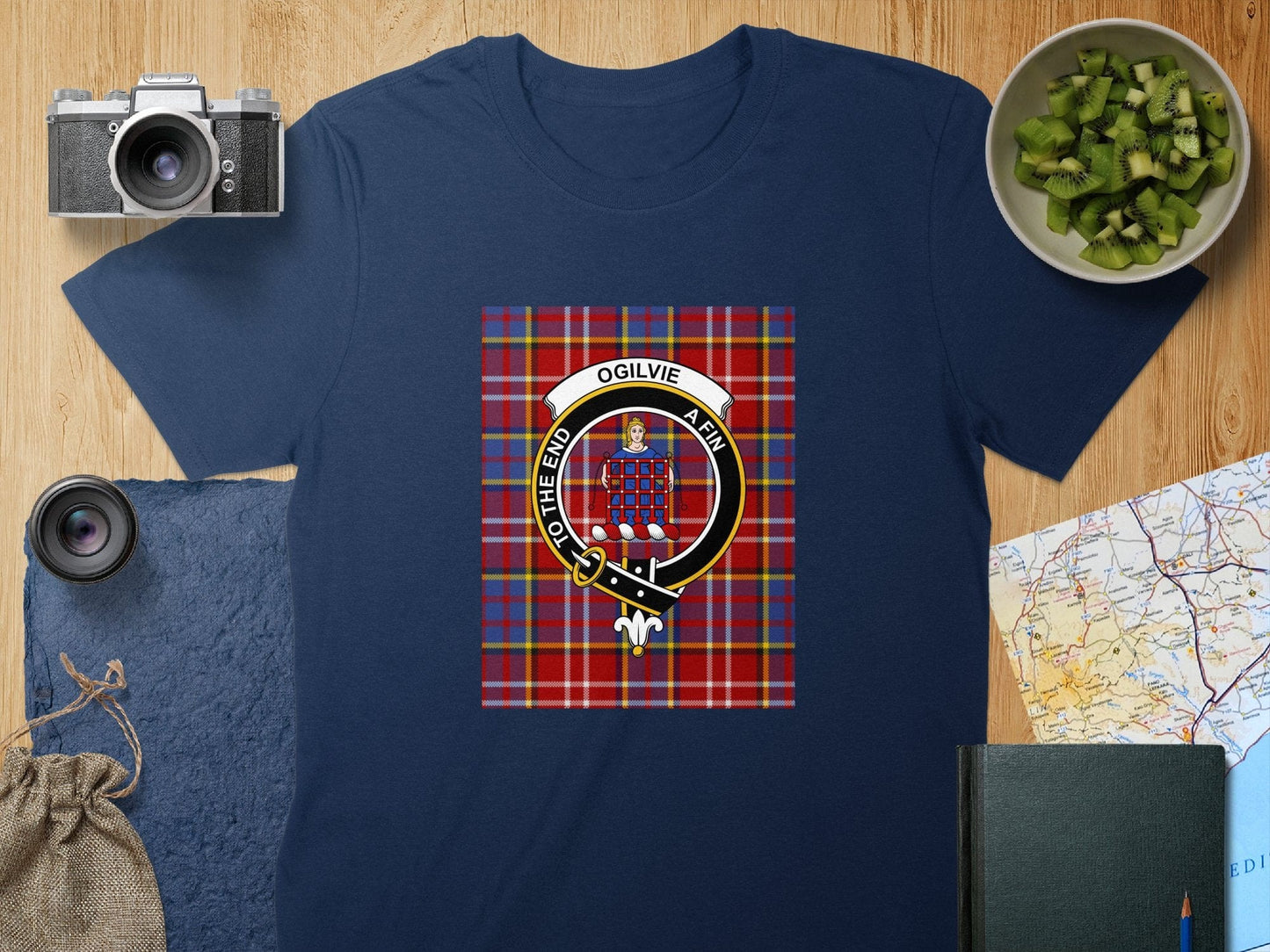 Physical Item S / Navy Ogilvie Clan Scottish Tartan Crest Unisex T-Shirt