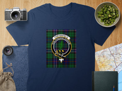 Physical Item S / Navy Porterfield Clan Scottish Tartan Crest Unisex T-Shirt