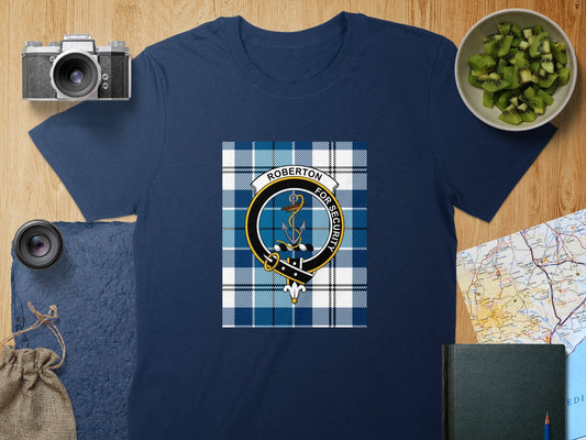 Physical Item S / Navy Roberton Clan Scottish Tartan Crest Unisex T-Shirt