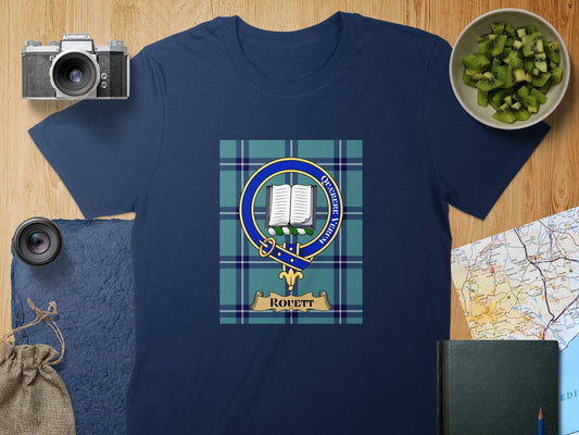 Physical Item S / Navy Rouett Clan Scottish Tartan Crest Unisex T-Shirt