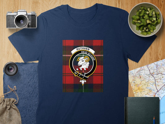 Physical Item S / Navy Ruthven Clan Scottish Tartan Crest Unisex T-Shirt