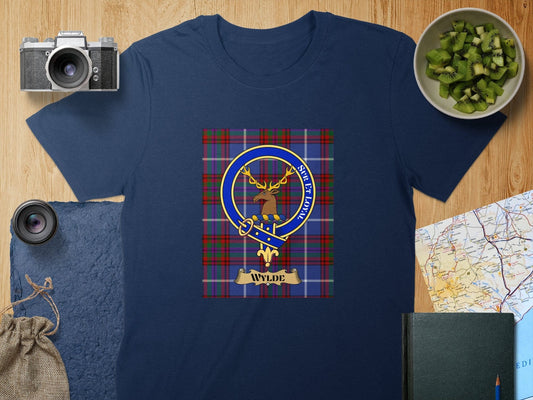 Physical Item S / Navy Wylde Clan Scottish Tartan Crest Unisex T-Shirt