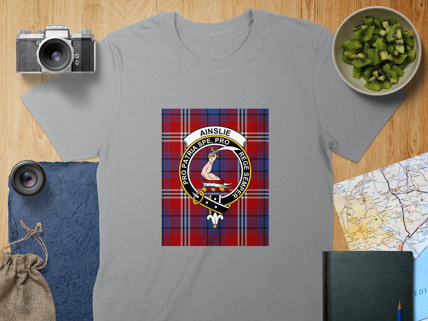 Physical Item S / Sport Grey Ainslie Clan Scottish Tartan Crest Unisex T-Shirt