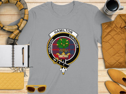 Physical Item S / Sport Grey Hamilton Clan Scottish Tartan Crest T-Shirt