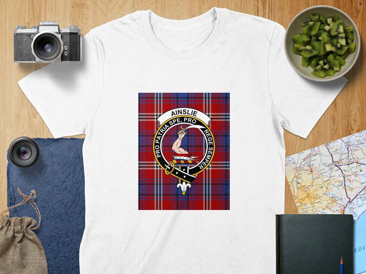 Physical Item S / White Ainslie Clan Scottish Tartan Crest Unisex T-Shirt