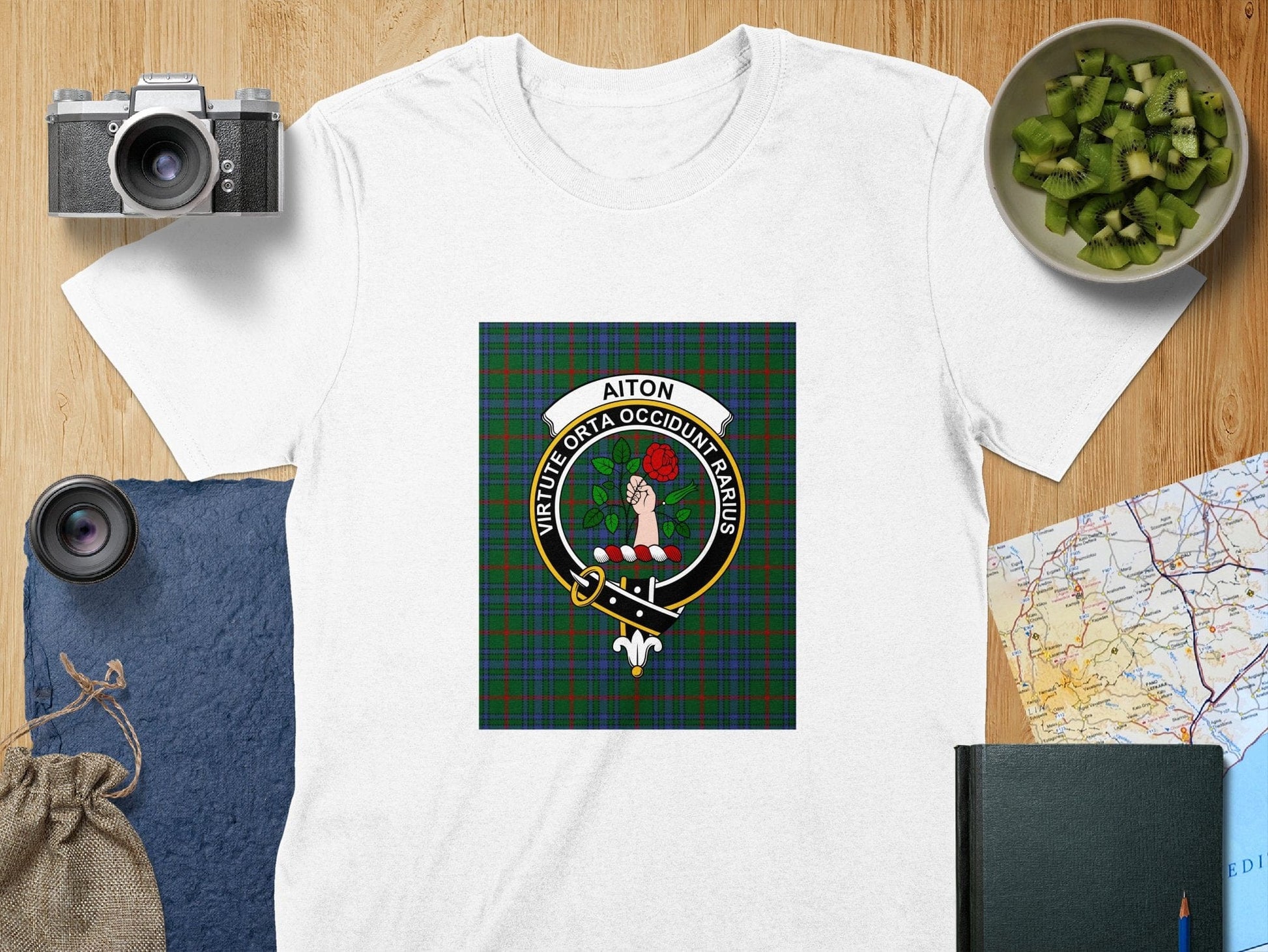 Physical Item S / White Aiton Clan Scottish Tartan Crest Unisex T-Shirt