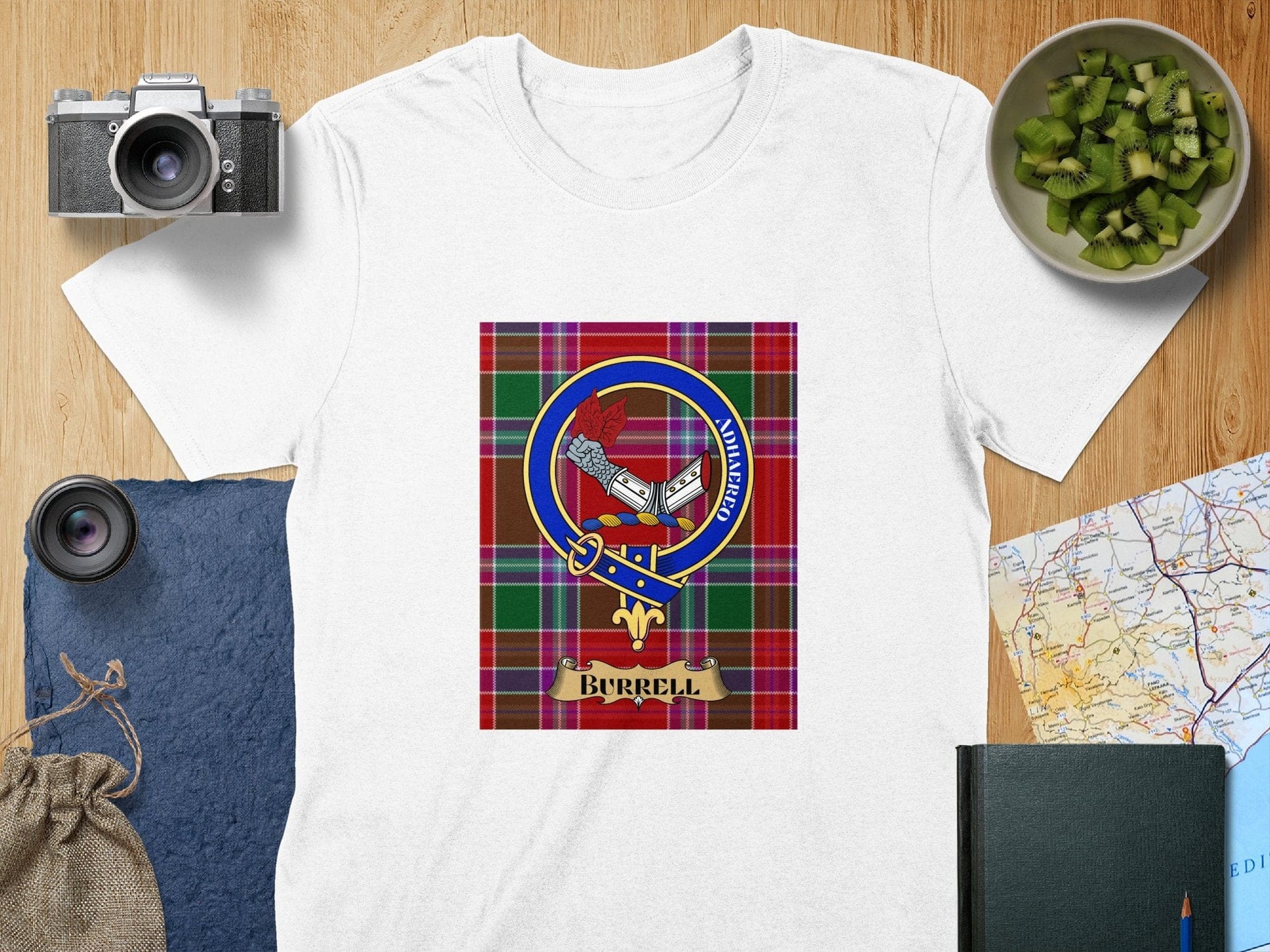 Physical Item S / White Burrell Clan Scottish Tartan Crest Unisex T-Shirt