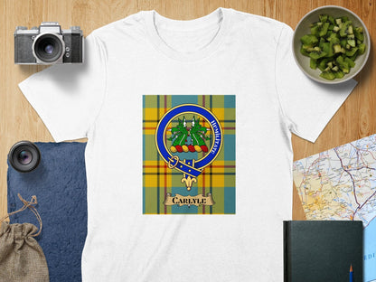 Physical Item S / White Carlyle Clan Scottish Tartan Crest Unisex T-Shirt