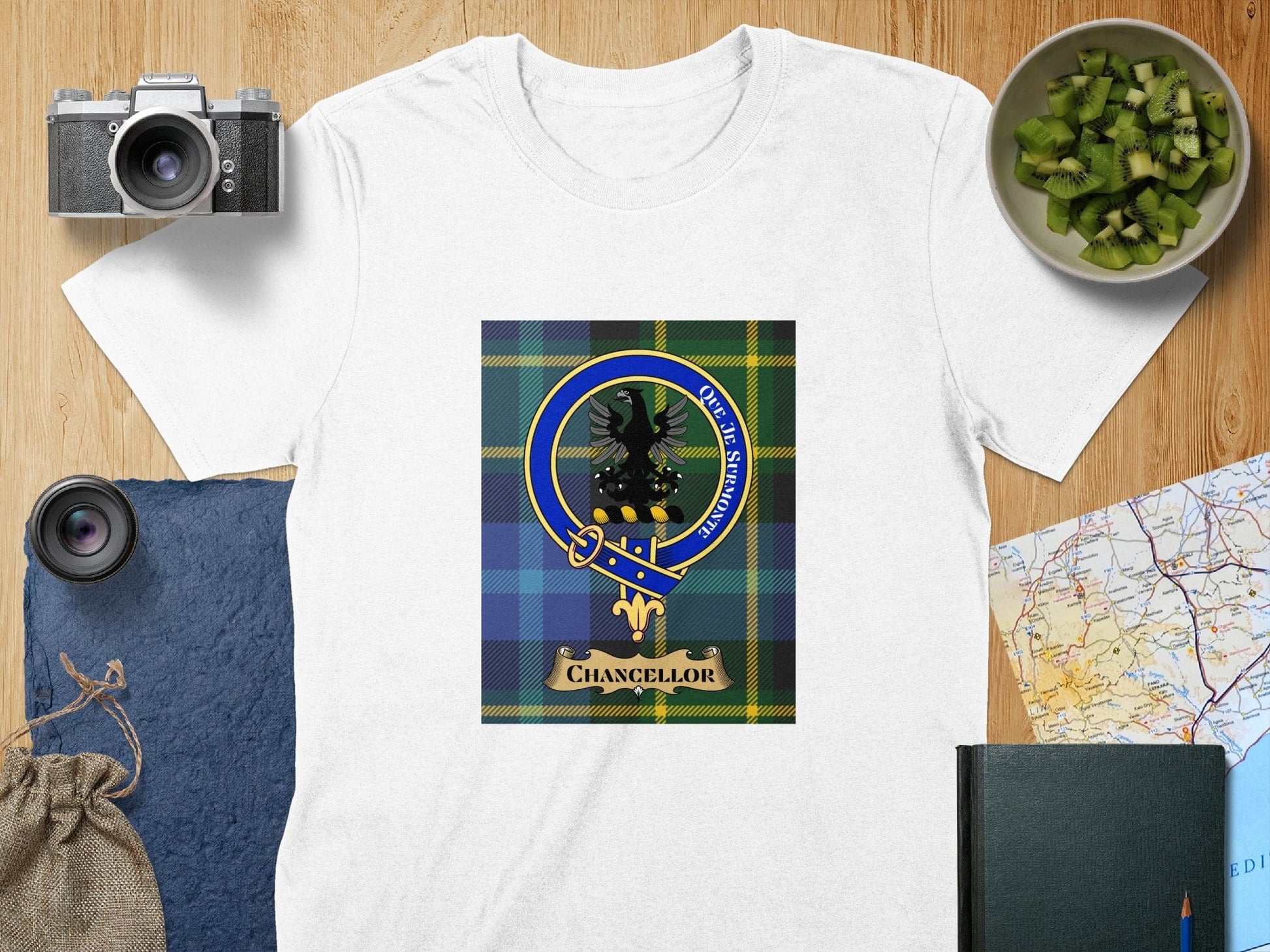 Physical Item S / White Chancellor Clan Scottish Tartan Crest Unisex T-Shirt