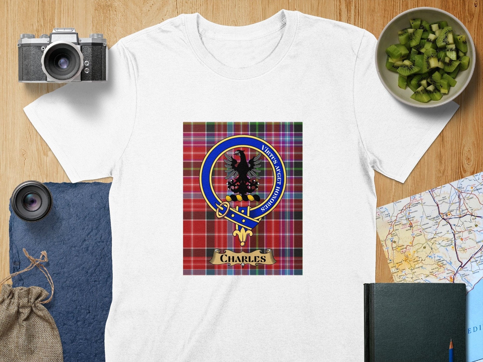 Physical Item S / White Charles Clan Scottish Tartan Crest Unisex T-Shirt