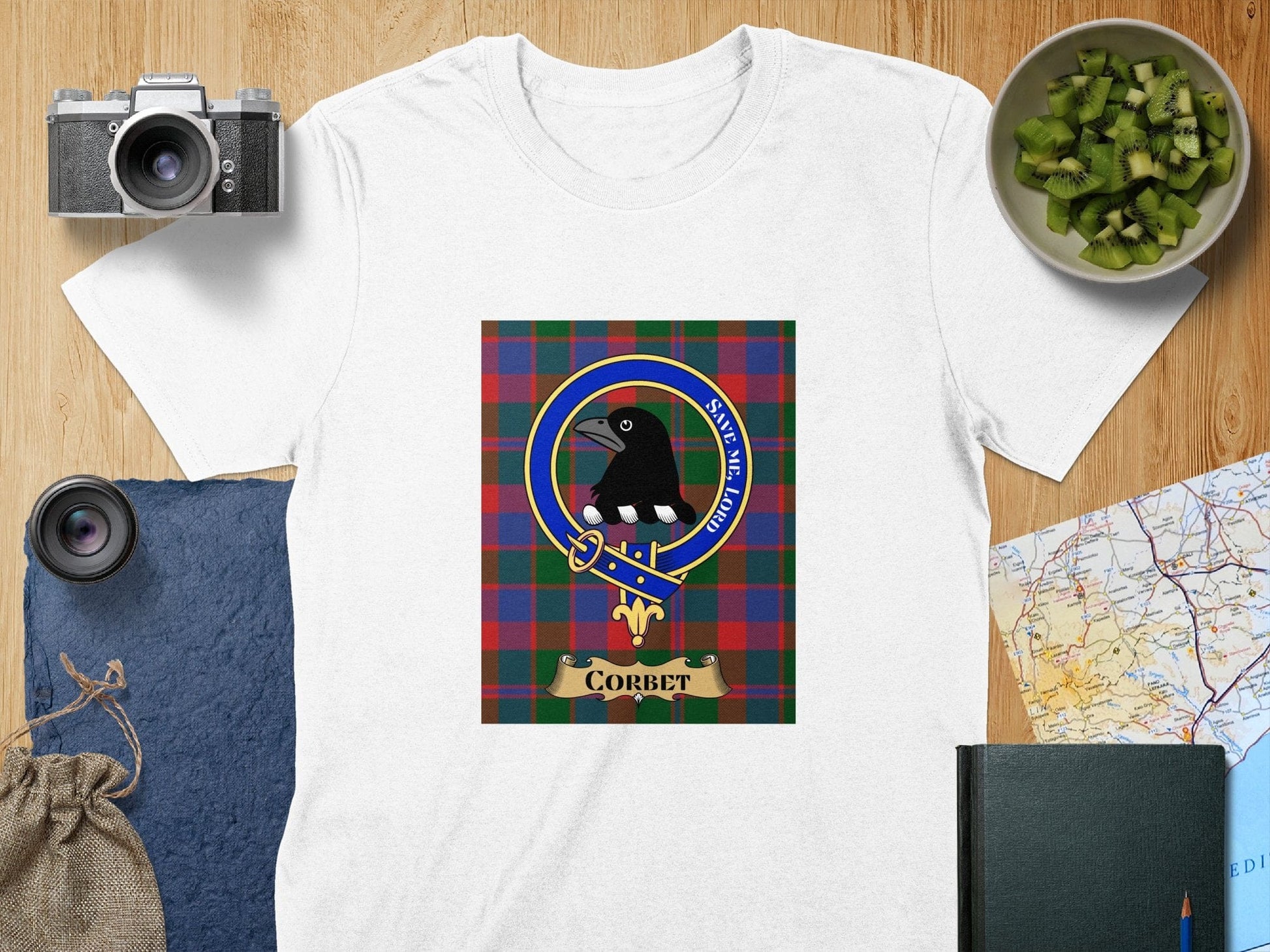 Physical Item S / White Corbet Clan Scottish Tartan Crest Unisex T-Shirt