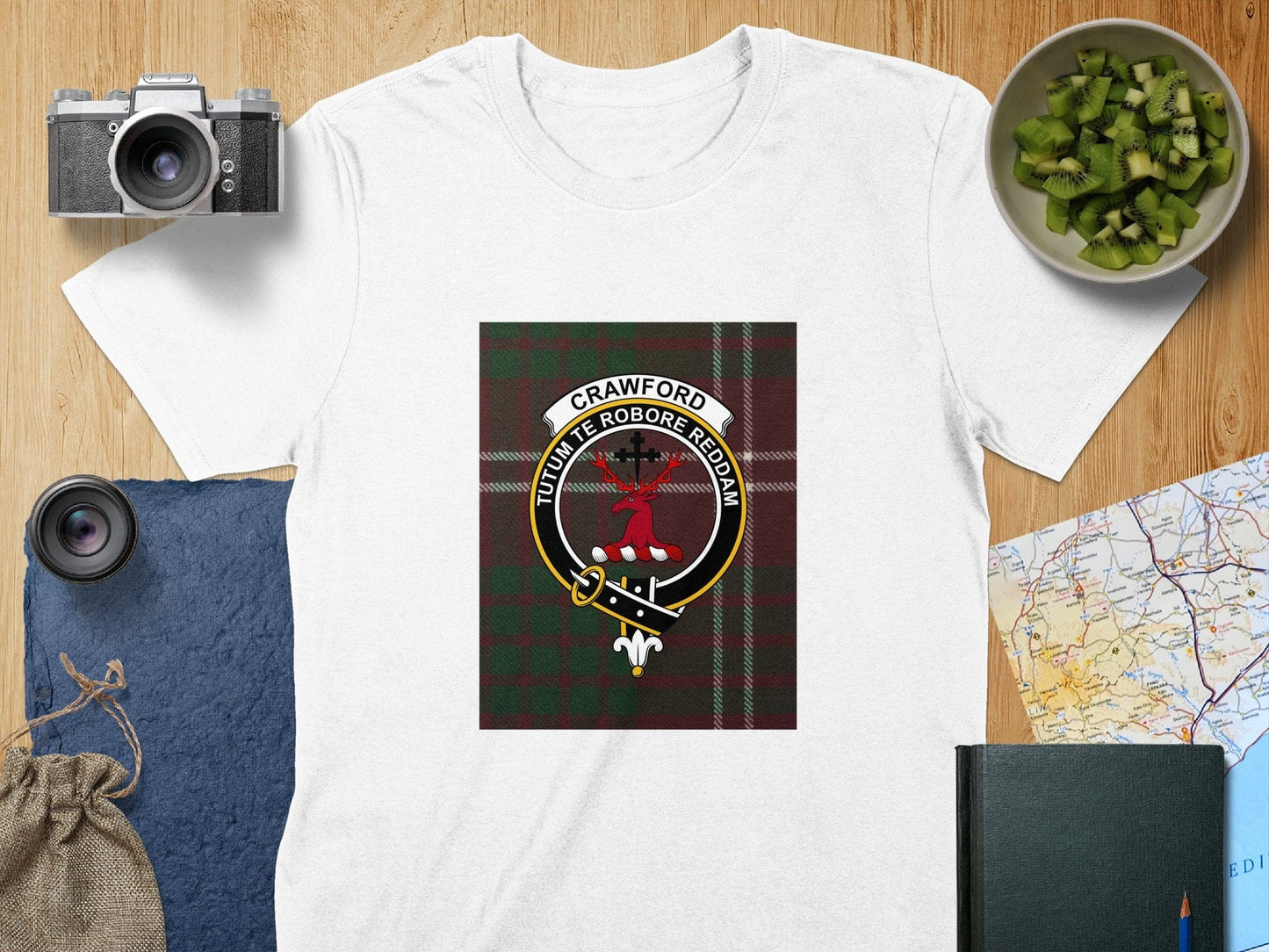 Physical Item S / White Crawford Clan Scottish Tartan Crest Unisex T-Shirt